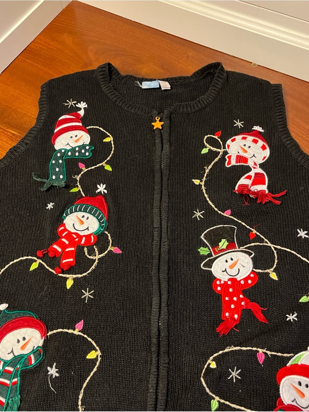 Holiday Editions Black Embroidered Snowman Vest with Colorful Lights